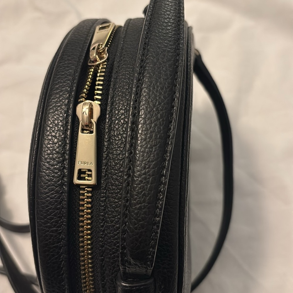Furla Dotty Black w/gold accents Leather Crossbody small Bag top handle designer - Picture 10 of 14